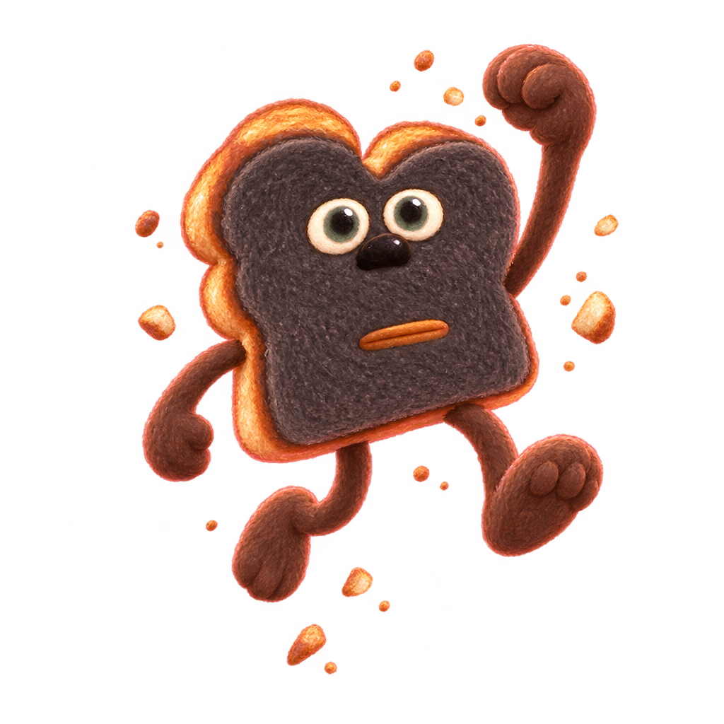 Heaven Toast leaping with crumbs scattering around it