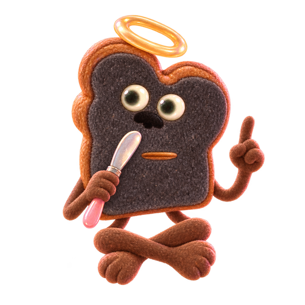 Heaven Toast sitting cross-legged, holding a small knife, with a halo overhead